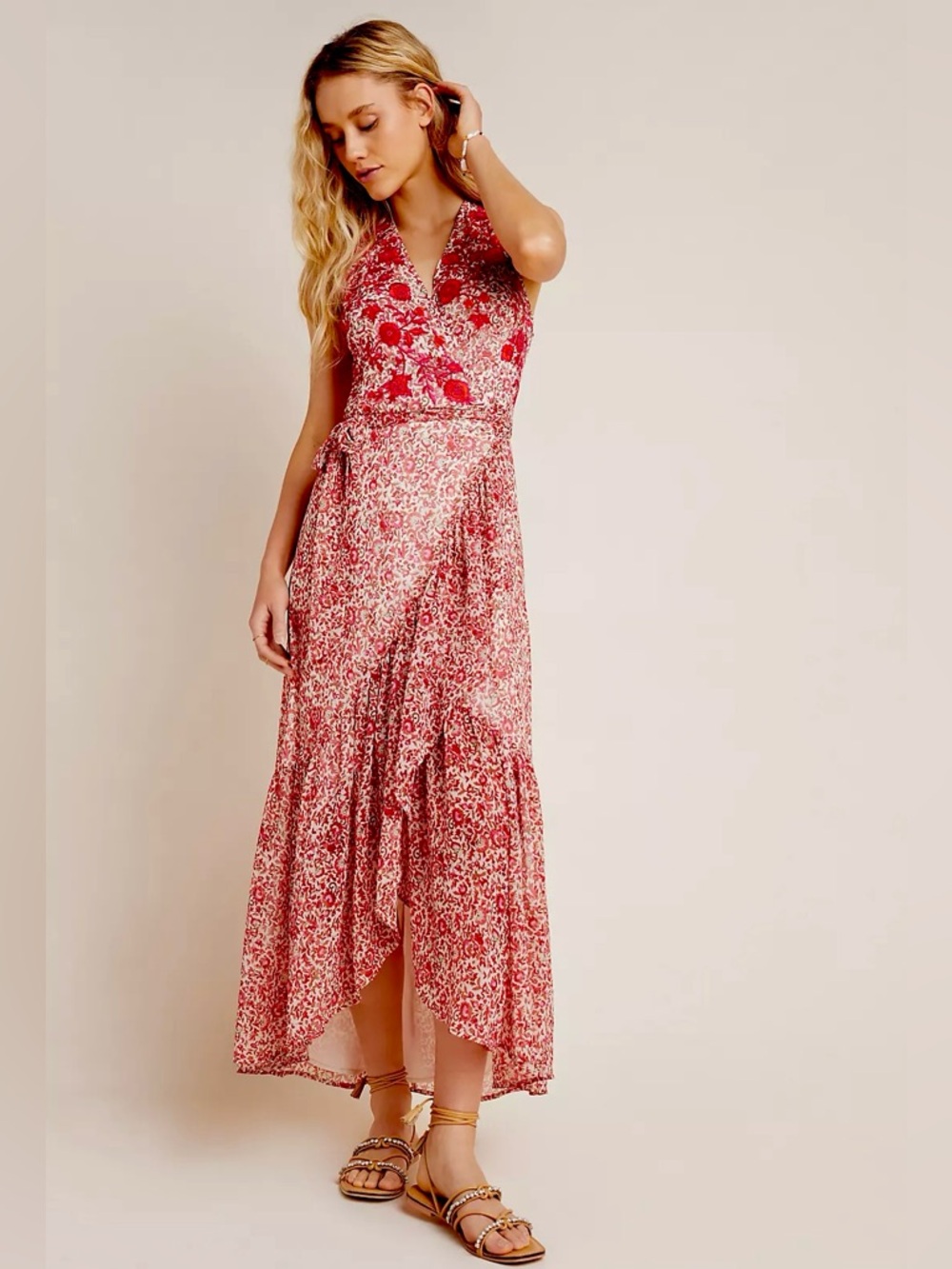 Anthropologie Ranna Gill Alexandra Floral Appliqué Beaded Wrap Maxi Dress in XL